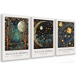 Hianan William Morris Framed Canvas Wall Art, Vintage Gold Moon Stars Poster Prints, Many Dreamlike Stars Wall Decor, Retro Botanical Aesthetic Picture for Bedroom Living Room Office 12"x16"x3 (Dark Blue,Gold)
