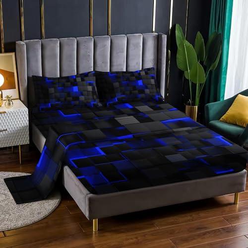 Geometry 4 Pieces Bed Sheet Sets Queen Size,Blue Black Bed Fitted Sheet Soft Bedding Sets with 16" Deep Pockets for Kids and Adults Bedroom Decor,Bedding Set 4 PCS(1 Fitted+1 Flat+2 Pillowcases)