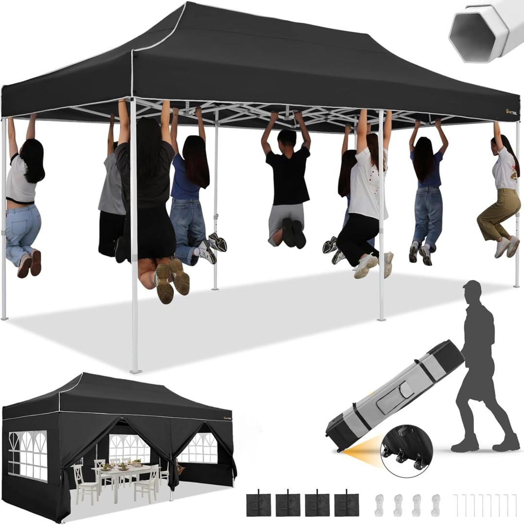HOTEEL 10x20 Heavy Duty Pop Up Canopy Tent with Sidewalls, Commercial Outdoor Canopy Tents for Parties Event Wedding with Roller Bag, Waterproof & UV 50+, Upgraded Thickened Hexagonal Legs, Black