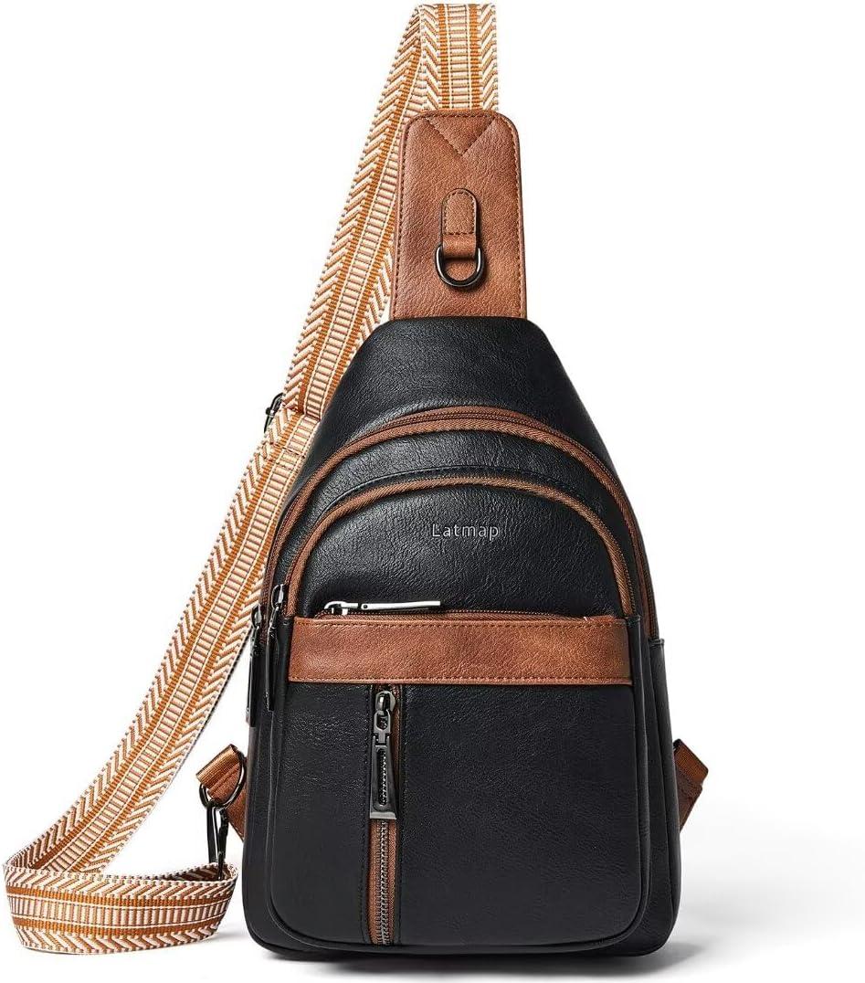 7L Sling Bag For Women Men Backpack Fanny Pack Crossbody Chest Travel Shoulder Belt Bags Purse Handbag PU Leather (Black W/ Brown Trim)