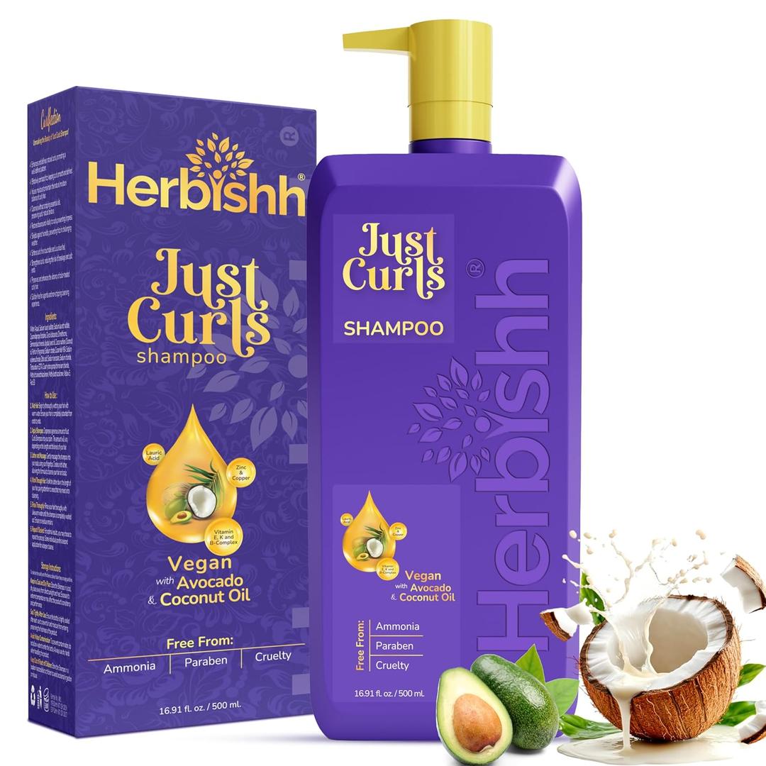 Herbishh Just Curls Shampoo For Curly Hair With Coconut Oil (16.91 Fl Oz), Hydrating & Moisturizing Formula For Wavy, Coily, Curly Hair, Detangling, Vegan Curl Enhancing Shampoo Para Cabello Rizado