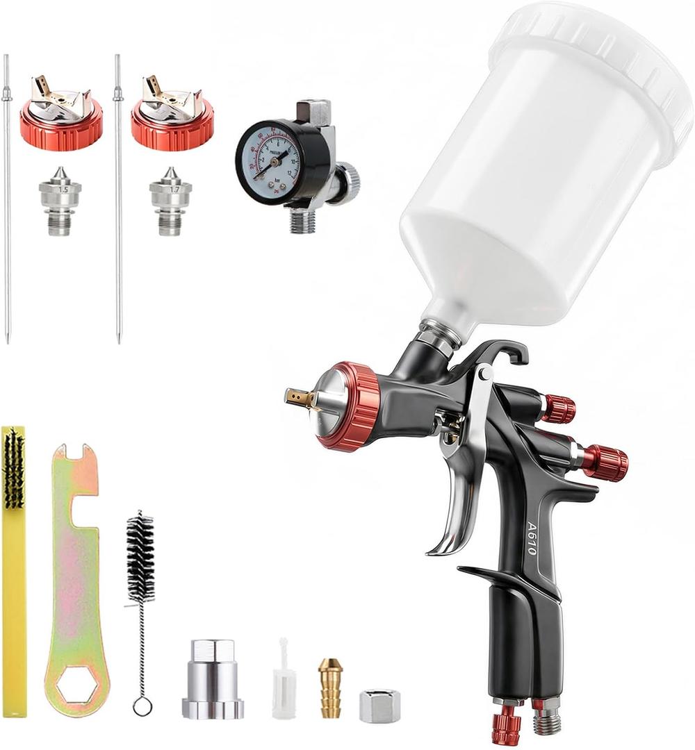 AEROPRO TOOLS R500 LVLP Air Spray Gun with 1.3/1.5/1.7mm Nozzles & Air Regulator, A610 Paint Guns Automotive, Car Paint Gun Sprayer, Paint Gun for House Painting, Car, Furniture, Varnish and Top Coat