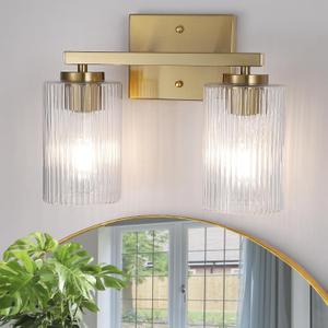 2 Light Brushed Gold Bathroom Vanity Light Over Mirror, Modern Vanity Lighting with Texture Glass Shade, Wall Mount Bathroom Light Fixtures, E26 Base