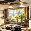 Kitchen Wall Sticker 35.43x23.62in Peel and Stick Kitchen Backsplash Sticker Self Adhesive Kitchen Wall Decal Sunflower Window View Glossy Removable Vinyl Decor Panel