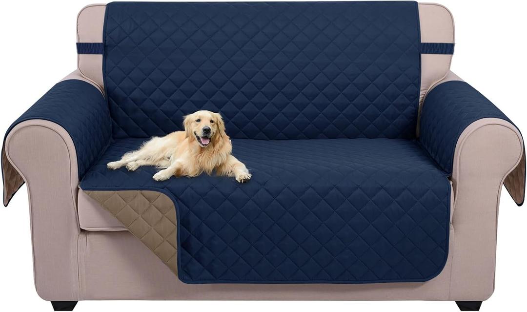 U-NICE HOME Loveseat Sofa Cover Reversible Couch Cover for Dogs with Elastic Straps Water Resistant Furniture Protector for Pets Couch Cover for 2 Cushion Couch (Loveseat, Navy/Taupe)