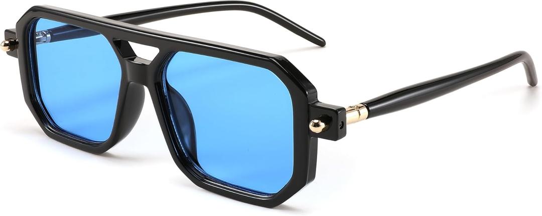 FEISEDY Vintage Square 70s Flat Aviator Sunglasses Women Men Classic Retro Stylish Frame UV400 Sunglasses B2622 (006 Black Frame & Blue Lens)