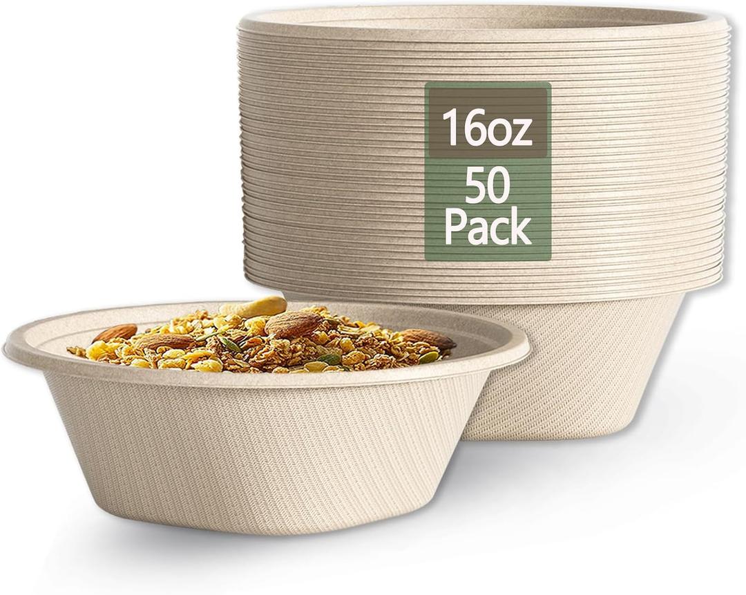 Small Disposable Paper Bowls - Heavy Duty 16 Oz Disposable Bowls - Made from Natural Bagasse Biodegradable Bowl for Cereal, Rice, French Fries [50 Pack]
