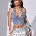 MakeMeChic Women's Denim Corset Top Jean Halter Crop Top Lace Up Y2K Vest Top (Blue, L)