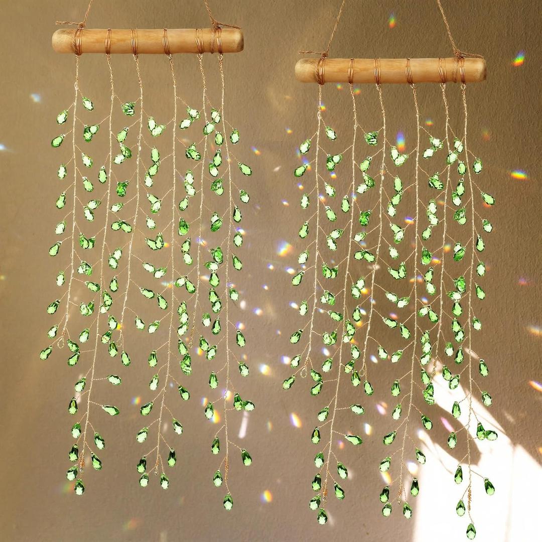 Suncalla 2 Pcs Crystal Suncatchers for Window Boho Decor Hanging Sun Catcher Making Rainbow Green Plants Artificial Crystal Prisms Wind Chime with Chain for Garden Home Wedding Ornament Gift