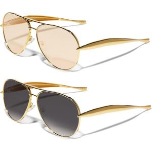 GUVIVI Retro Gold Aviator Sunglasses for Women Men, 2026 Metal Oversized 70s Aviators Sun Glasses (2packs Champagne + Gradient Black)