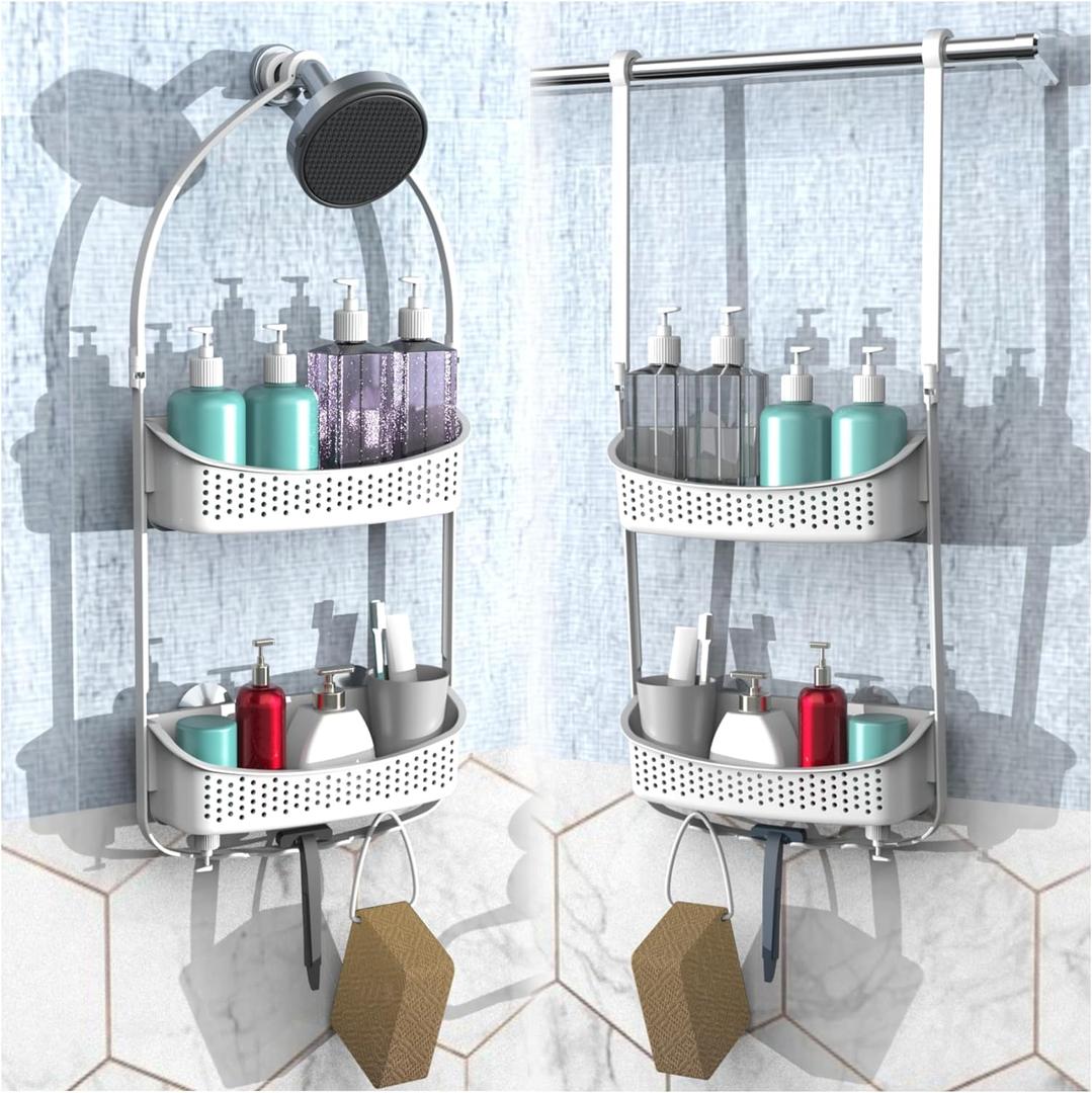 Shower Caddy Hanging; Anti-Swing shower basket over Showerhead with Suction Cups; Never rust Bathroom Organizer, Multiple Hanging Modes Shelf with hooks, White