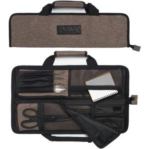 Asaya Chef Knife Roll Bag - 12 Pockets for Knives and Kitchen Utensils - Lightweight, Durable, and Stain Resistant Nylon - Perfect for the Traveling Chef - Knives not Included (Brown)