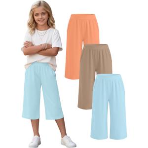 3 Pack Girls' Wide Leg Capri Pants | Teen Kids Capris, Tween Sweatpants, Pockets, Elastic Waist, Workout, Loose, Casual