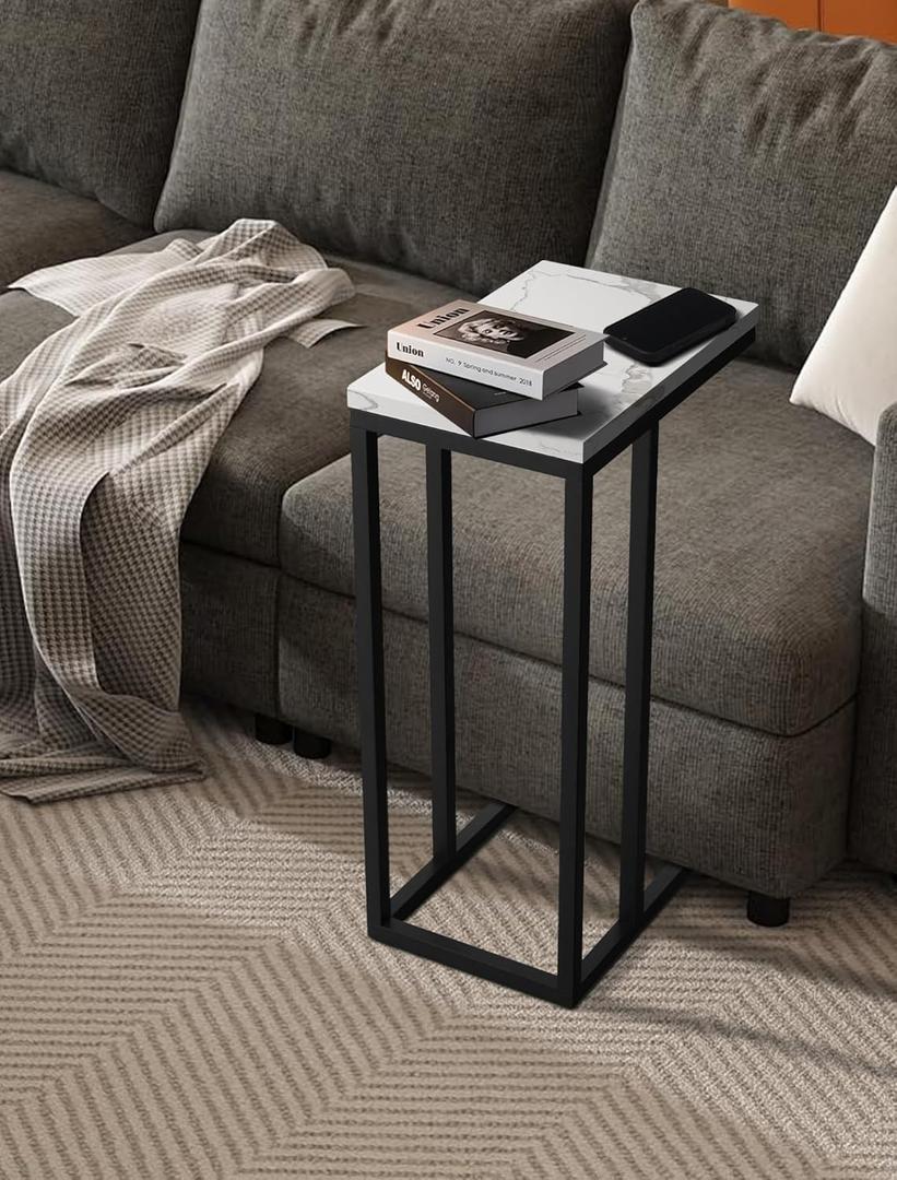 Modern C-Shaped Side Table - Marble & Sturdy Metal Frame | Space-Saving Overbed Table for Bedroom, Living Room, Bathroom | Compact 14.76x13.58x24.37 (Crystalline White)