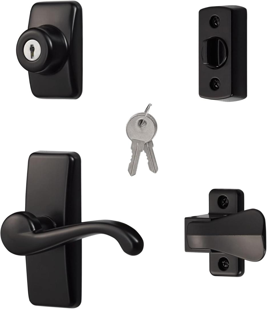 Ideal Security GL Door Lever Set with Keyed Deadbolt Lock for Storm and Screen Doors, Black (4-Piece Set)
