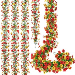 Fall Artificial Flowers Garland 4 Pack 5.7FT Faux Daisy Eucalyptus Leaves,UV Resistant Fall Leaf Floral Garland for Autumn Decor Thanksgiving Wedding Booth Backdrop (Red Orange Yellow, 4PCS)