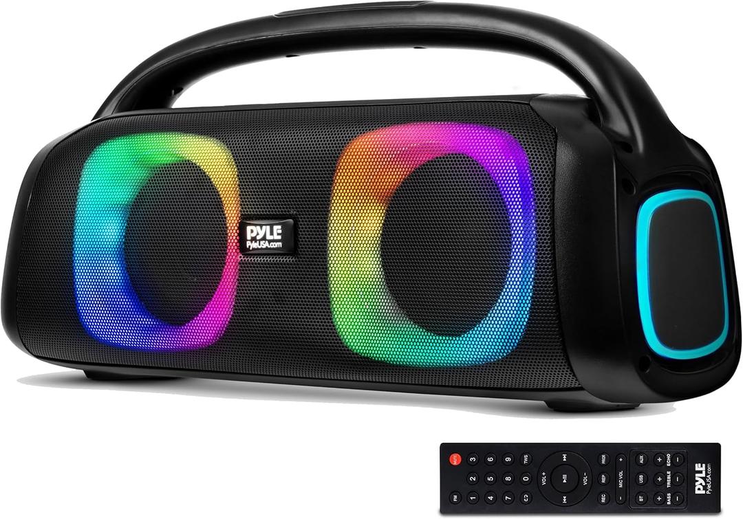 Pyle Portable Bluetooth Speaker Boombox with Dual 5 High-Performance Wireless Speakers, 160W Power, Rechargeable Battery, Mic Priority, USB/Micro SD/AUX/FM Radio, LED Ring Light, Outdoor Speaker