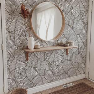 Peel and Stick Sketch Banana Leaves Wall Mural, Leather Textured Vinyl Self-Adhesive Wallpaper for Bedroom Living Room Accent Wall Decor, Mocha Line & White