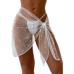 GORGLITTER Women's Faux Pearl Cover Up Sarong Sheer Mesh Bride Swimsuit Beach Bathing Suit Wrap Skirt (White)