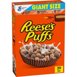 REESES PUFFS Chocolatey Peanut Butter Cereal, Kid Breakfast Cereal, Giant Size, 29 oz (EXP 01/17/26)
