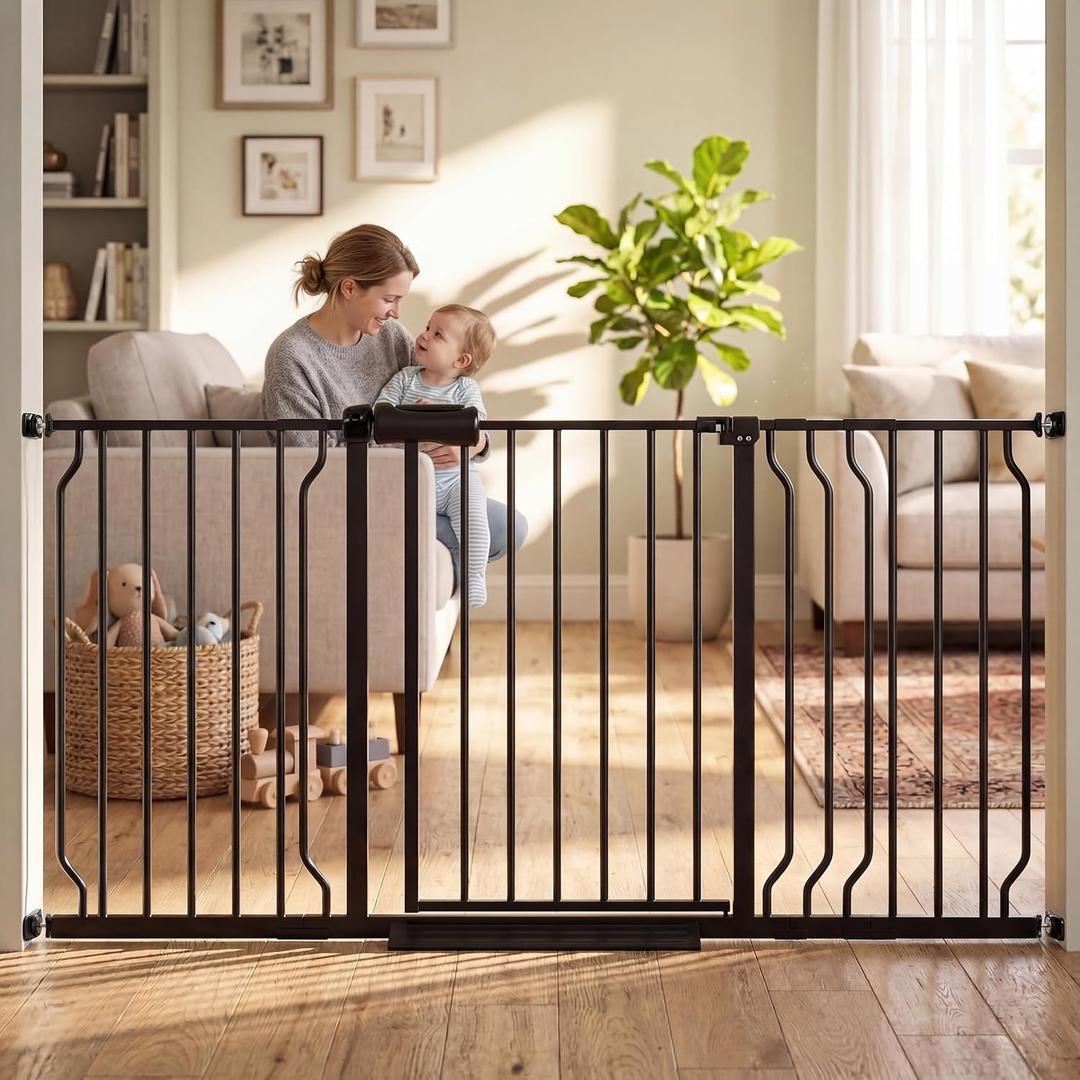 Extra Wide Baby Gate with Door, 52.76~62.2 Inch Wide Presure Mounted No Drill Metal Auto Close Child Gate for Stair Doorway - Indoor Outdoor Safty Gate for Toddler Dog Doggie, Black