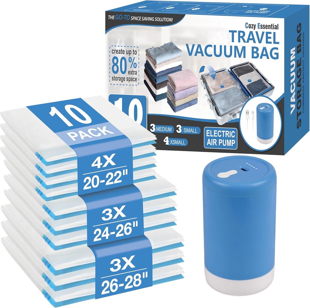 Cozy Essential Travel Vacuum Storage Bags with Rechargeable Cordless USB Pump, Space Saver Bags for Luggage, Suitcase, Carry-On, for Clothes, Blankets, Bedding & Seasonal Storage,10 Combo