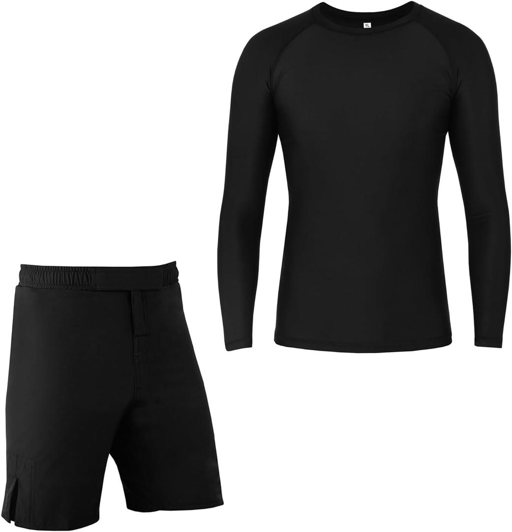 ROAR-INT MMA Rash Guard & BJJ Shorts Set Kids Fight Training Grappling Wear Jiu Jitsu Gi Trunks Outfit Set (X-Small, Black-2pcs-set)