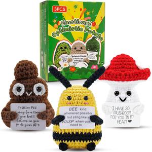 Birthday Gifts for Women Emotional Pickle: 3Pcs Funny Crochet Animal Gifts for Mother's Day Friends Coworkers College Students Sister Mom Dad with Cheer Up Cards (Bee,Poo,Mushroom)