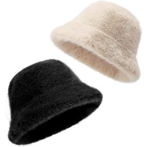 Fluffy Faux Fur Winter Bucket Hat for Women and Men - Solid Color Fisherman Cap, Soft Warm Plush Winter Hat with Foldable Brim for Cold Weather