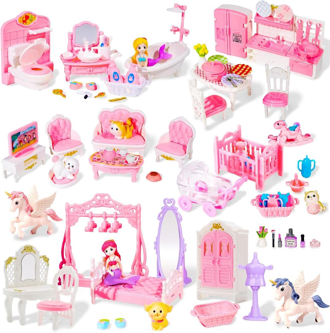 92 Pcs Miniature Furniture Set Accessories Mini Furniture Plastic Bedroom Living Room Bathroom Kitchen Kit Small Pink House for Birthday Gift