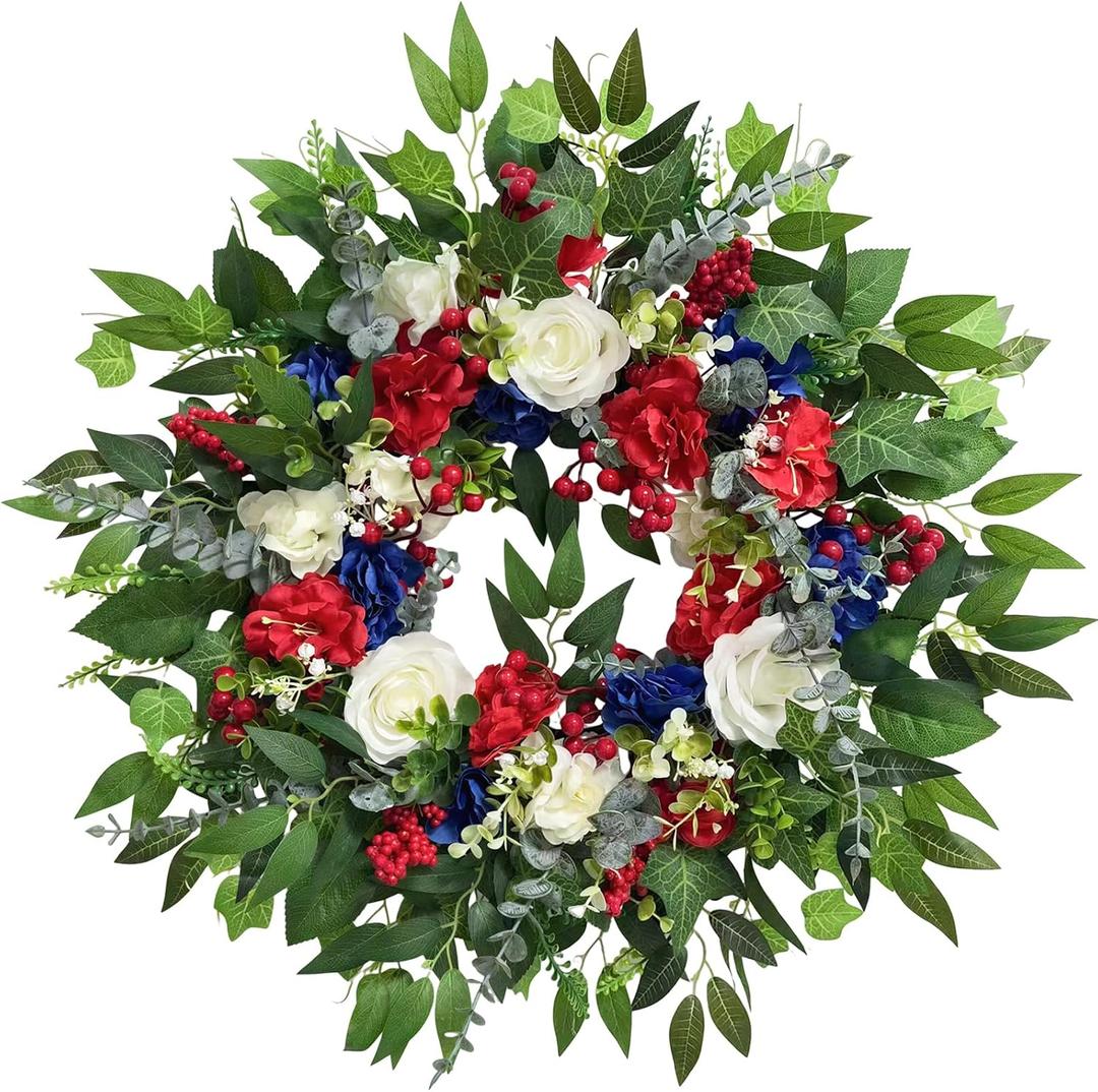 24 Inch 4th of July Wreath, Patriotic Wreaths for Front Door, Red White Blue Spring Summer Door Wreaths for Independence Day,Memorial Day Wreaths for Front Door Wall Window Decor