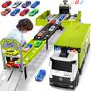 Carrier Truck Race Track Boys Toys, Foldable 3 Layer Toddler Track Playset, Toy Truck Transport Car Carrier & 8 Race Cars, Truck Car Kids Toys for Age 3 4 5 6+ Years Old Boys Girls (Green)