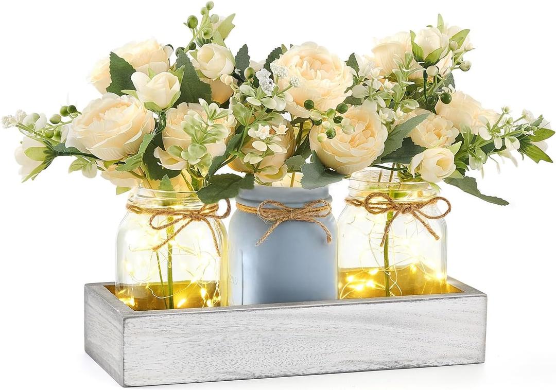 Mkono Mason Jar Lights Centerpiece Table Decor for Dining Room Farmhouse Wood Tray with 3 Jars Flowers Center Pieces Spring Decor for Coffee Table Kitchen Living Room, Grey Blue