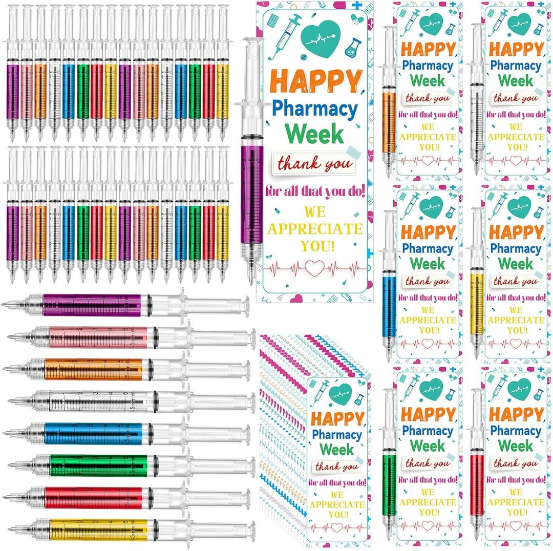 48 Set National Pharmacy Week Gifts Retractable Syringe Pens with Thank You Card Pharmacy Appreciation Gifts for Nursing School Medical Assistant Pharmacist Supplies