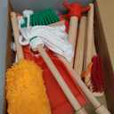 JustForKids Wooden Detachable Kids Cleaning Set - Duster, Brush, Mop, Broom and Hanging Stand Play - Housekeeping Kit - STEM Toys for Toddlers Girls & Boys, Total 6 Pieces,Multi Color,10071