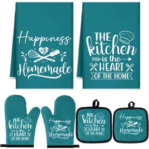 Sratte 6 Pcs Kitchen Decor Accessories Set Farmhouse Towels Pot Holders Oven Mitts Set 2 Dish Towels 2 Potholders 2 Cooking Mittens Oven Glove for Christmas Baking Cooking Supply(Teal,Kitchen)
