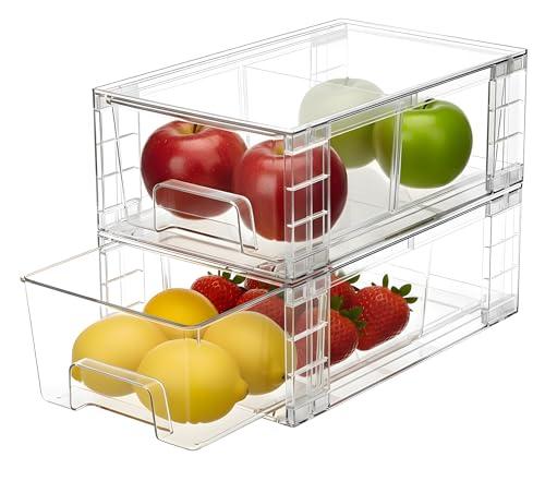 2 Pack Stackable Storage Drawers,Plastic Organizers Bins, Drawers Storage with Handles and Movable Dividers for Organization and Storage in Fridge,Bathroom, Pantry, Kitchen Cabinets, Under Sink