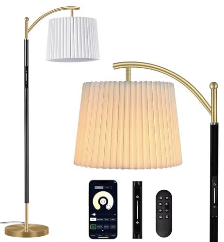 Etto Floor Lamp, LED Floor Lamp with APP & Remote & Touch Control, Stepless Color Temperatures and Brightness, Tall Standing Lamp with Pleated Lampshade for Living Room, Bedroom, Office(Black Gold)