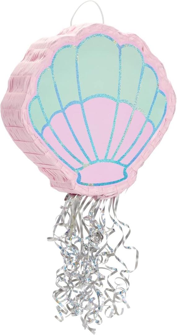 BLUE PANDA Mermaid Pull String Seashell Pinata - Small 13 x 3 x 14 In, Aqua & Pink Seashell - Easy-Fill Pull String for Beach & Ocean Theme, Mermaid Birthday Decorations & Under the Sea Party Decor