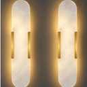 Alabaster Wall Sconce, Natural Marble Wall Light, Modern White Stone Wall Mounted Lighting Fixture for Bathroom Vanity, Bedroom, Living Room, Hallway, Stairs, Entryway (Gold, 2PCS)