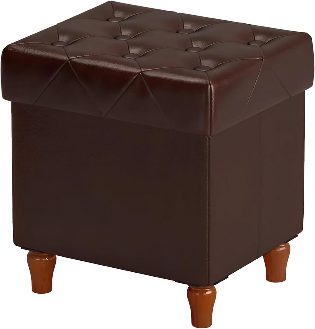 CAROLMADE Folding Storage Ottoman Cube PU Leather Footstool with Wood Legs Ottoman Footrest for Living Room and Bedroom Brown, 15x12.6 x 15.4