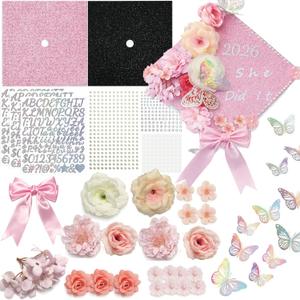 42PCS Graduation Cap Decorations Kit 2026, Pink DIY Grad Cap Topper Set with Glitter Topper Boards, 3D Butterflies, Letter Stickers, Pearls, Rhinestones, Flowers for Class of 2026