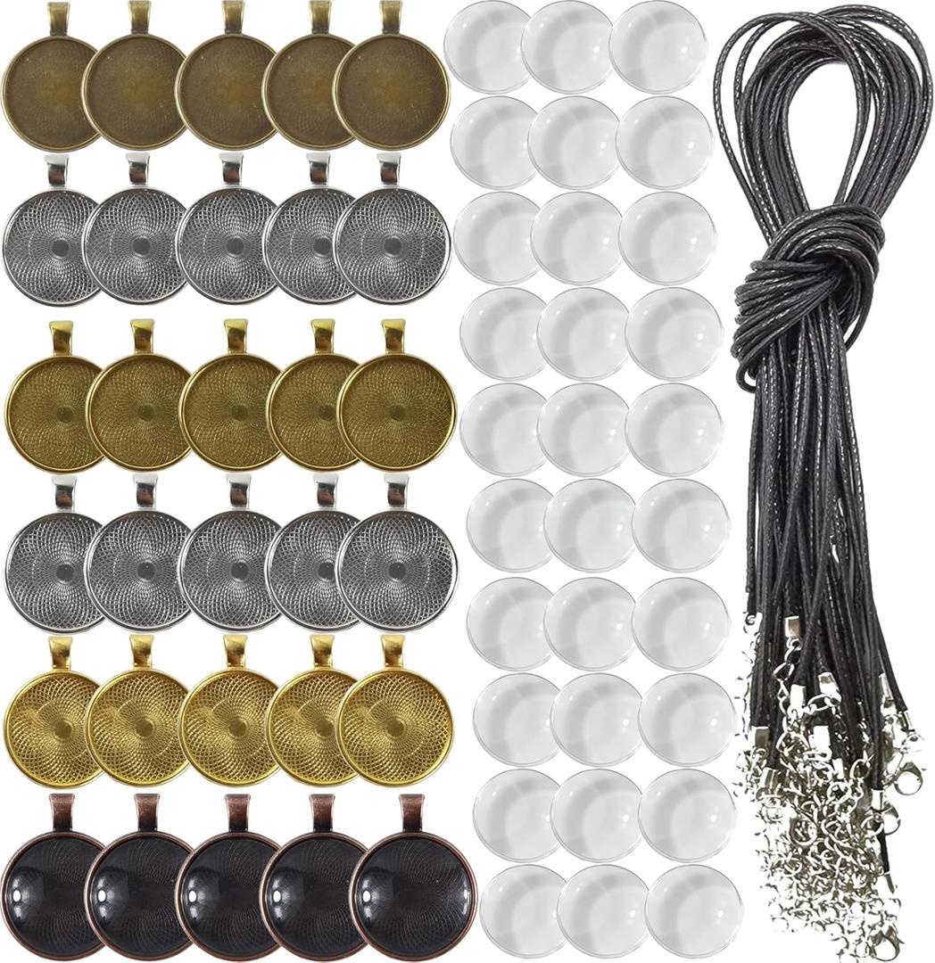 ROYHOO 90PCS Rhinestone Bezel Pendant Trays Set 30PCS Cabochon Pendant Setting 30PCS Clear Glass Cabochons and 30PCS Waxed Necklace Cord for Photo Pendant DIY Jewelry Making6 Colors