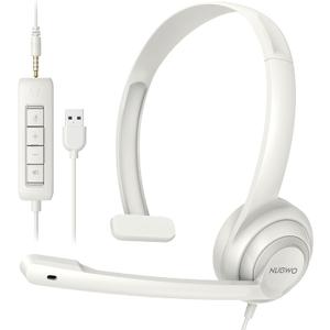 HW02 USB Headset with Microphone Noise Cancelling & in-line Control, Super Light, Ultra Comfort On-Ear Wired Office Call Center Headset for Boom Skype Webinars (White)