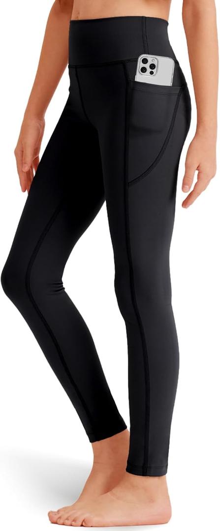 Girls' Black Athletic Leggings with Pockets, White Ankle Length Yoga Pants for Kids (Black, XL)
