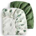 Blissful Diary Muslin Crib Sheets for Girl Boy, Boho Neutral Soft Cotton Baby Sheet for 52''x28'' Standard Crib Mattress, 2 Pack(Monstera&Dark Green)