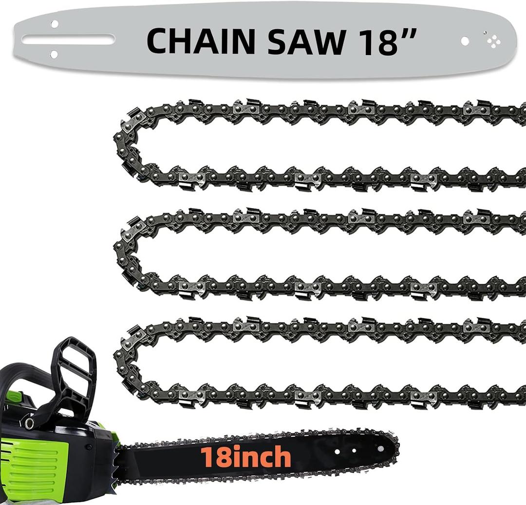 18 Inch Chainsaw Guide Bar and Chains 62 Drive Links, 3/8" LP Pitch, 050" Gauge, 18-Inch Replacement Chainsaw Chains Compatible with Husqvarna, Echo, Poulan, Craftsman and more (1 Bar + 3 Chains)