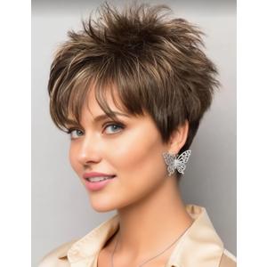 TISHINING Short Hair Wigs for White Women Brown Mix Blonde Highlights Pixie Cut Wig with Bangs Natural Layered Heat Synthetic Hair Wigs for Daily Party Use