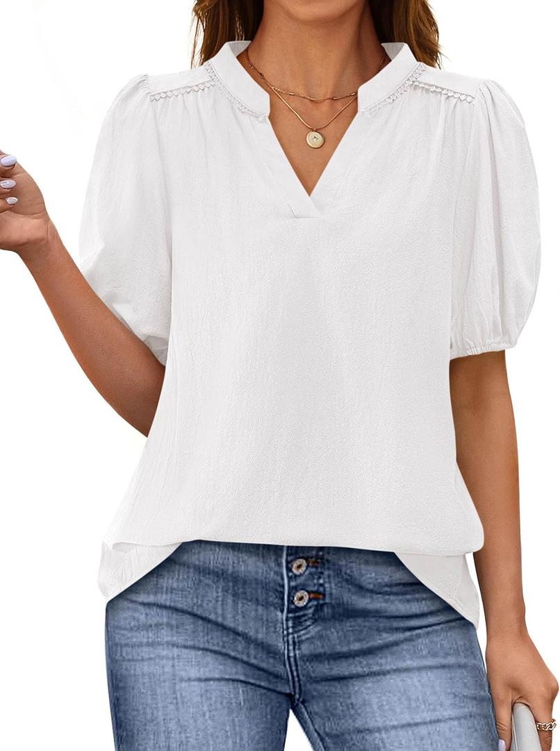 PRETTYGARDEN Womens Casual Summer Tops 2025 V Neck Short Puff Sleeve Pleated Cotton T Shirts Loose Dressy Blouses (XX-Large)