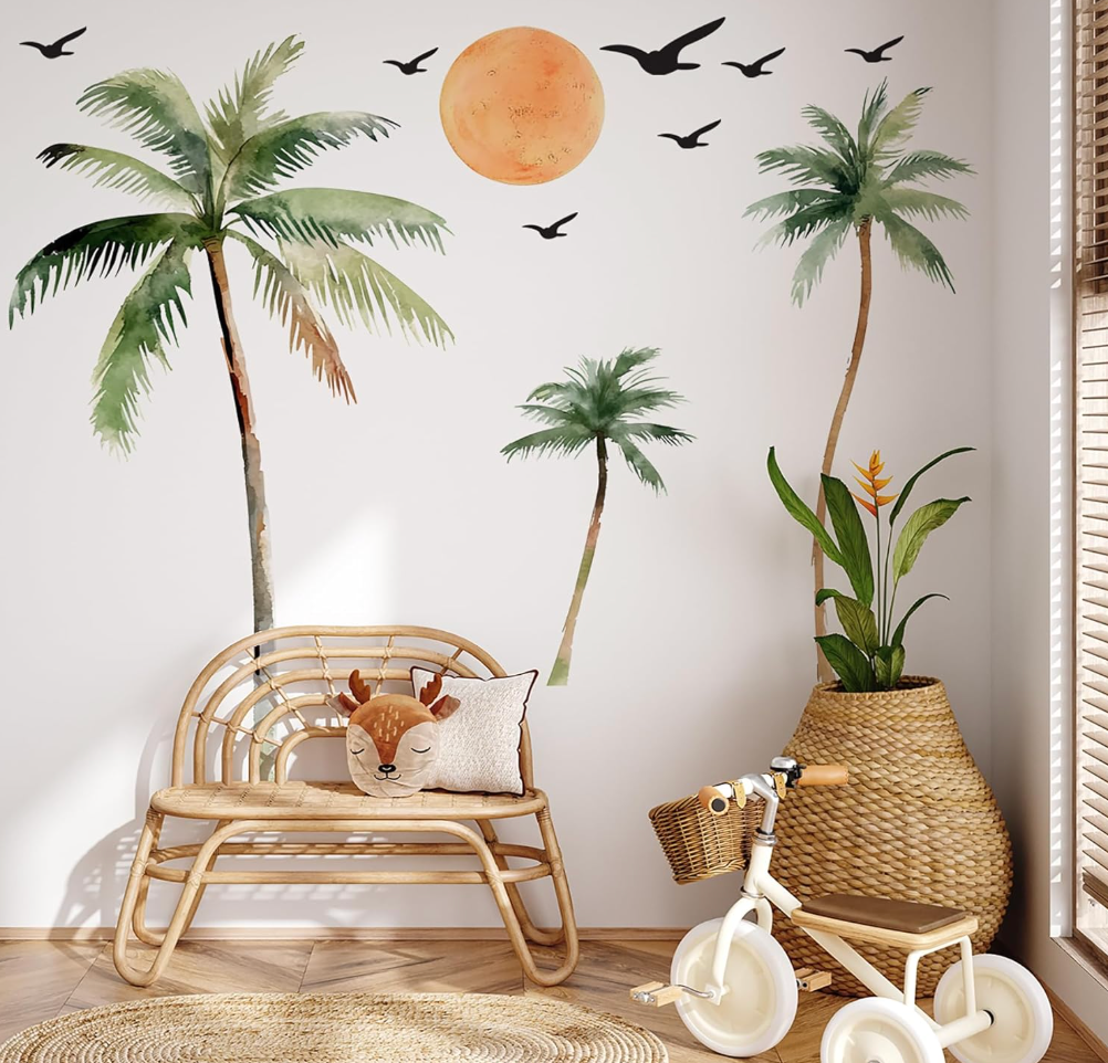 Large Boho Tropical Watercolor Palm Tree Wall Decal | Self-Adhesive Removable Nature-Inspired Wall Art with Sunset, Beach & Birds | Vibrant Home Decor for Living Room, Bedroom, Nursery.